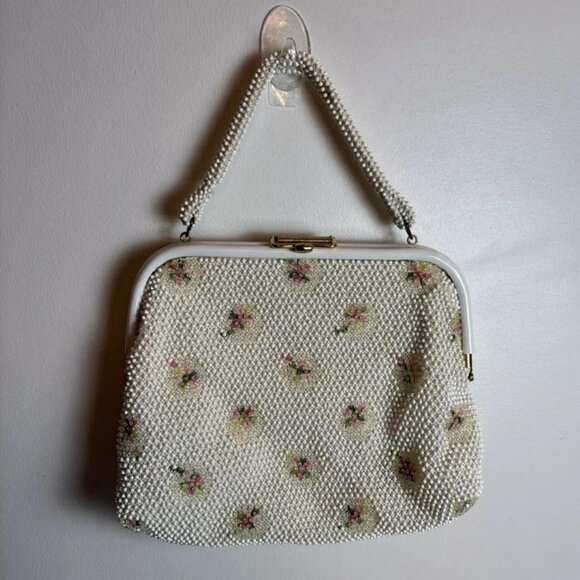 Vtg Beaded Floral Roses 1950 Top Handle Handbag Tote, Eclectic Grandmacore - Picture 1 of 4